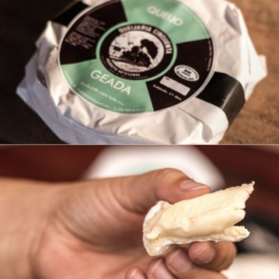 Queijo geada em imagem bipartida com queijo embalado e pedaço sendo segurado por uma mão.
