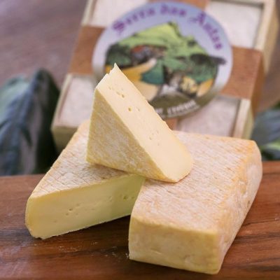 Queijo Tipo Pont L’Évêque Serra das Antas sobre tábua de madeira.