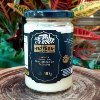 Cocada cremosa sem açúcar Fazenda de Minas, em pote de vidro com 410 gramas.